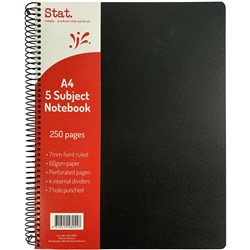 STAT NOTEBOOK A4 5 SUBJECT 60GSM 7MM RULED PP BLACK 250P