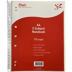 STAT NOTEBOOK A4 5 SUBJECT 60GSM 7MM RULED RED 250P