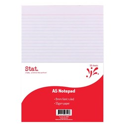 STAT NOTEPAD A5 55GSM 8MM RULED WHITE 50SHT