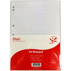 STAT NOTEPAD A4 7 HOLE PUNCHED 55GSM 7MM RULED WHITE 50SHT