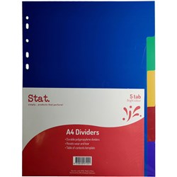 STAT DIVIDER 5 TAB A4 POLYPROP ASSORTED