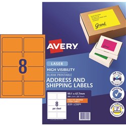 Avery Hi Visibility Labels Laser 99.1 X 67.7Mm Fluoro Orange Pack Of 200