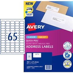 Avery Sure Feed Labels Laser 38.1 X 21.2Mm White Pack Of 650