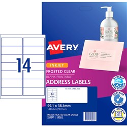 Avery Inkjet Frosted Clear Label 14Up 99.1X38.1Mm 350 Labels, 25 Sheets