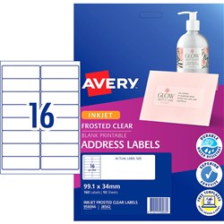 Avery Inkjet Frosted Clear Label 16Up 99.1X34Mm 400 Labels, 25 Sheets
