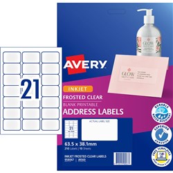 Avery Inkjet Frosted Clear Label 21Up 63.5X38.1Mm 525 Labels, 25 Sheets