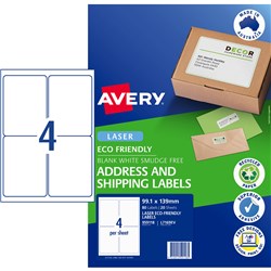 Avery Eco Friendly Labels  Laser Printer White 99.1x139mm 4UP 80 labels