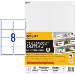 Avery Classroom Labels  Laser Printer 99.1 x 67.7 mm White 160 Labels,  20 Sheets