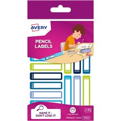 Avery Kids Pencil Labels 30 Assorted Labels   Ultra Resistant 52 x 12 mm