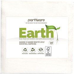 Earth Eco Cocktail Napkin  1 Ply White 240x240mm  100 Sheets