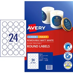 Avery Removable Labels L7129 40Mm Round Matte White 24Up 192 Labels 8 Sheets