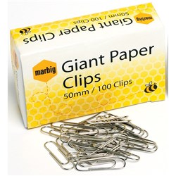 Marbig Paper Clips Giant 50Mm Chrome Box Of 100