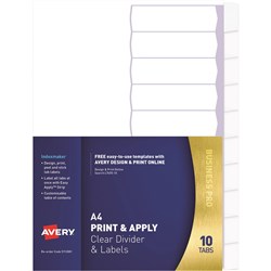Avery L7410-10 Print & Apply Label Dividers A4 10 Tabs Clear