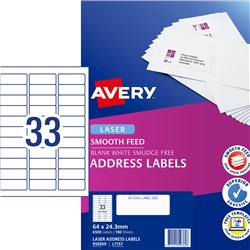 Avery Smooth Feed Labels Laser 64 X 24.3Mm White Box Of 3300