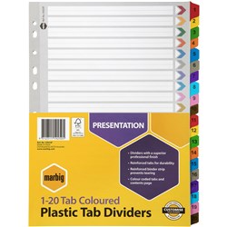 Divider 1-20 Tab A4 Plastic Tabbed