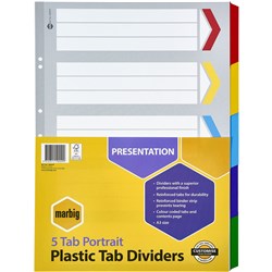 Marbig Plastic Divider Reinforced A3 5 Tab Portrait Multi Colour