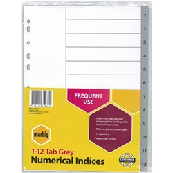 Marbig Plastic Divider A4 Indices 1-12 Grey