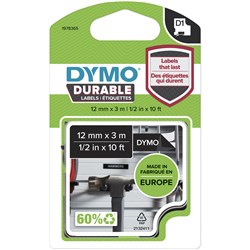 Dymo D1 Label Cassette Tape Durable 12Mm X 3M White On Black