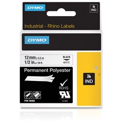 Dymo Rhino Industrial Label Tape Permanent Poly 12Mm X 5.5M Black On White
