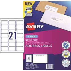 AVERY L7160 MAILING LABELS Laser 21 UP 63.5x38.1mm Box of 100