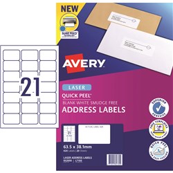 Avery L7160 Mailing Labels Laser 21/Sht 63.5X38.1Mm Pack Of 420