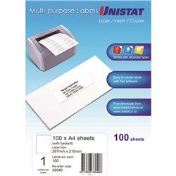 UNISTAT LASER/INKJET LABELS Copier 1UP 297x210(Blk Slit) Box of 100