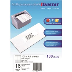 UNISTAT LASER/INKJET LABELS Copier 16UP 99x38 (Margin) Box of 100