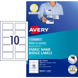Avery L7427 Badge Label Fabric Name Badge 10Up 88X52Mm Pack Of 15