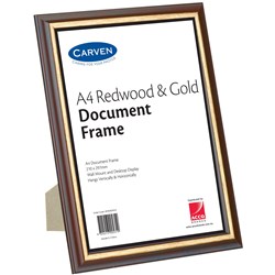 CERTIFICATE FRAME CARVEN A4 REDWOOD WITH GOLD TRIM